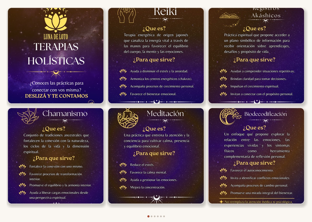 Collage del carrusel de terapias · Luna de Loto
